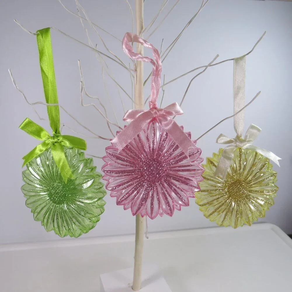 Glittered Flower (3) Ornaments for tree, wall or tucked in arrangements Spring